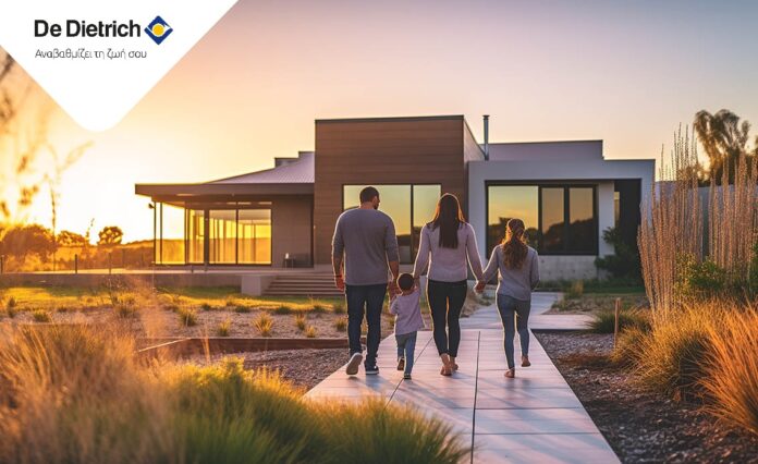 Happy family smiling outside their new home at sunset.