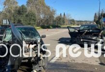 Τροχαίο στον Πύργο: Σφοδρή μετωπική σύγκρουση αυτοκινήτων – 4 τραυματίες, ένας σε σοβαρή κατάσταση