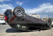 Πύργος: Τροχαίο με σύγκρουση δύο αυτοκινήτων και το ένα να καταλήγει αναποδογυρισμένο